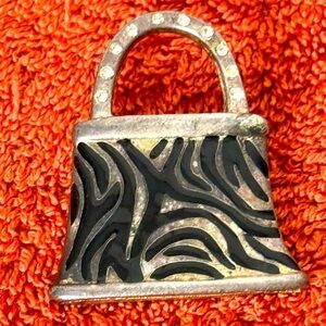 AJMC Zebra Purse Brooch Pin Black White Enamel Rhinestones VTG Stamped 1.5x1.25